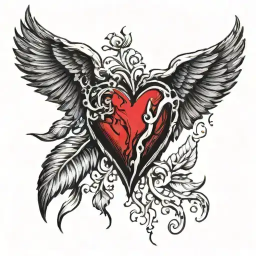 Broken Heart One Half Full black with Red wing and The Other Half Full Red With Black wing tattoo design idea