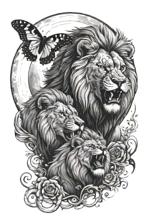 lions upper body roaring, in front of a full moon surrounded, with a butterfly  tattoo design idea