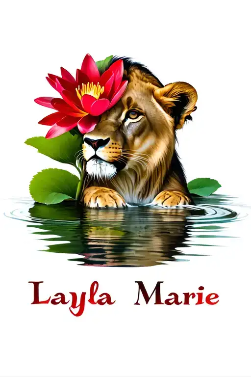 "Layla Marie " red water Lilly with a female lion cub tattoo design idea