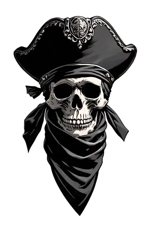 a weathered skull in a 17th century tricorn hat wearing a black bandanna mask up to the eyes tattoo design idea