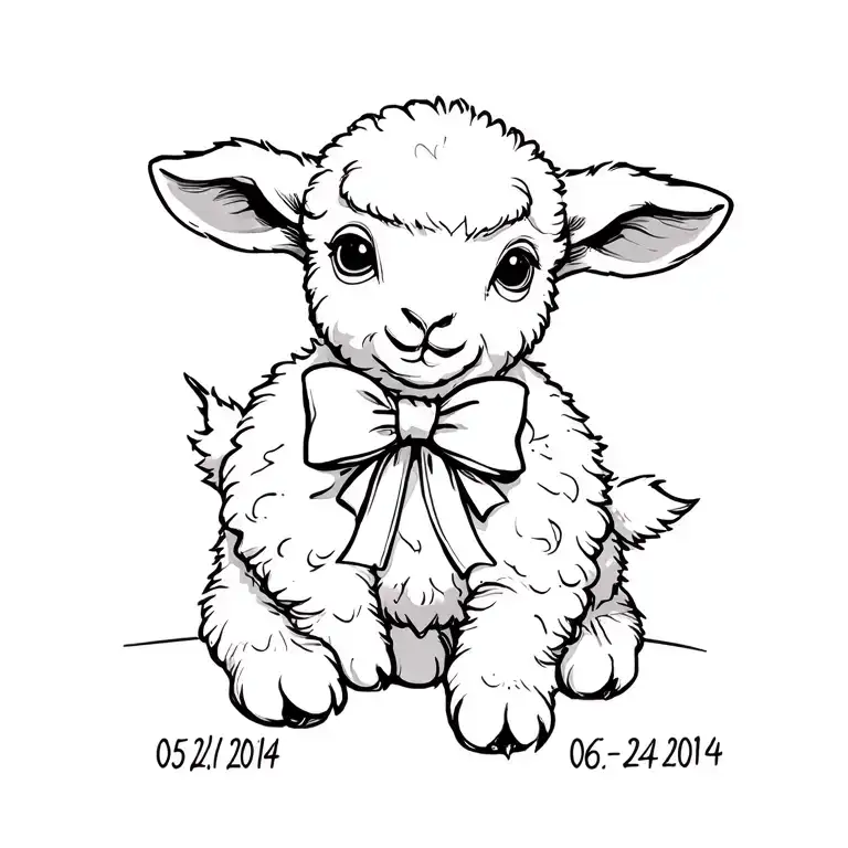 baby lamb with a ribbon and date 05/21/2014-06/24/2014 tattoo design idea