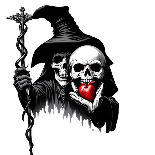 zombie plague doctor holding rod of asclepius with skull or human heart in other hand  tattoo design idea