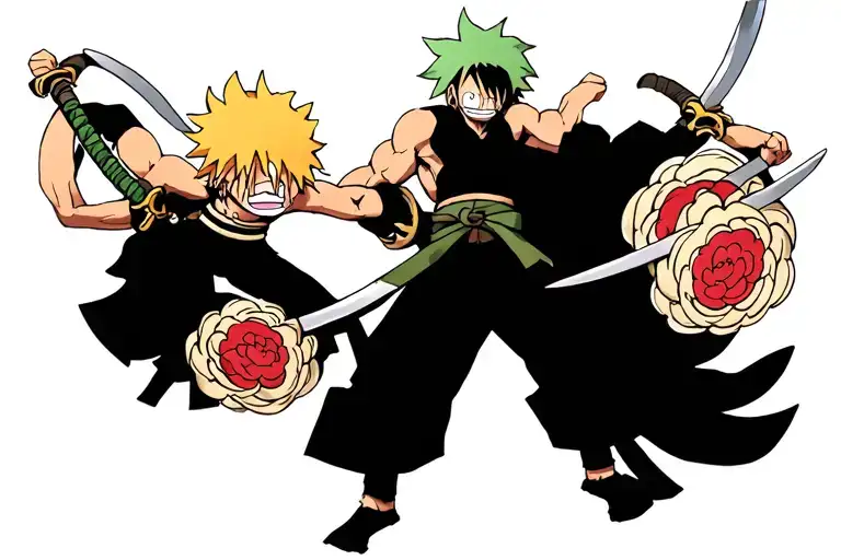 Manga Panel Featuring Luffy Gear 5, Zoro with 3 swords haki tattoo design idea