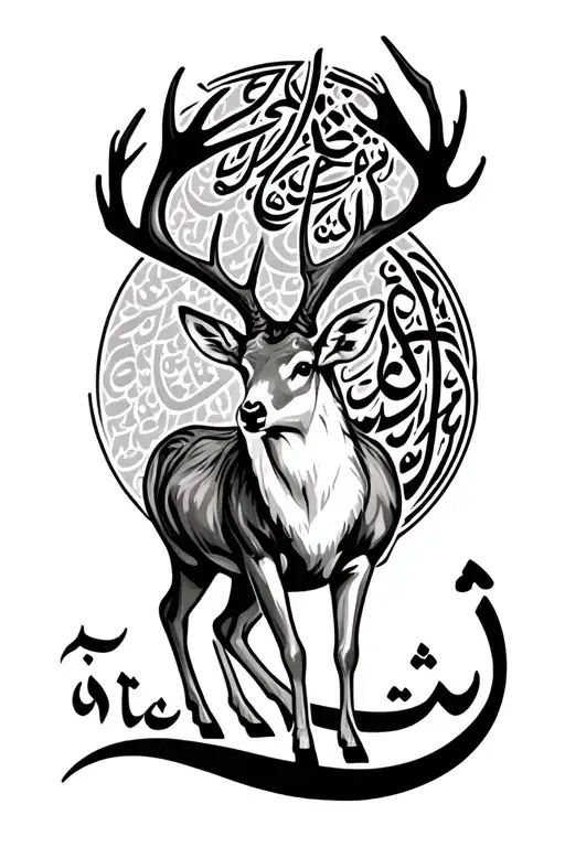 full body elegant deer. The antlers are artistically shaped to form the Arabic calligraphy of the word 'ريما'. tattoo design idea