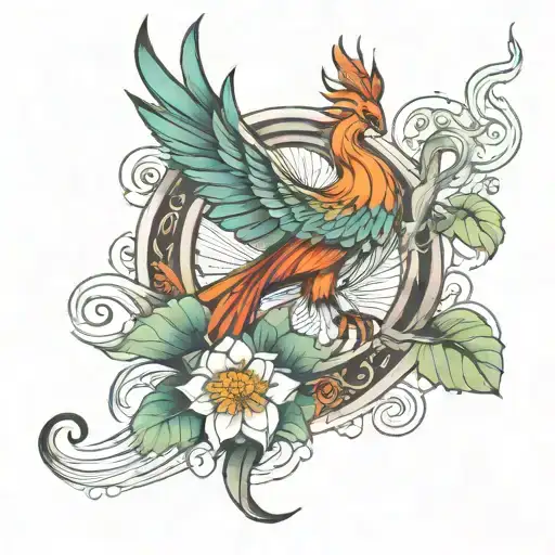 Phoenix with lotus flower and strength symbol intertwined tattoo design idea