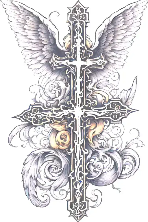 tall skinny cross with wings one angel one devil tattoo design idea