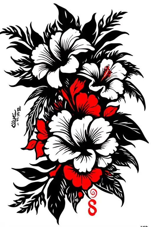 Cherokee and red indian tribal tattoo with hibiscus flowers and calligraphy  tattoo design idea