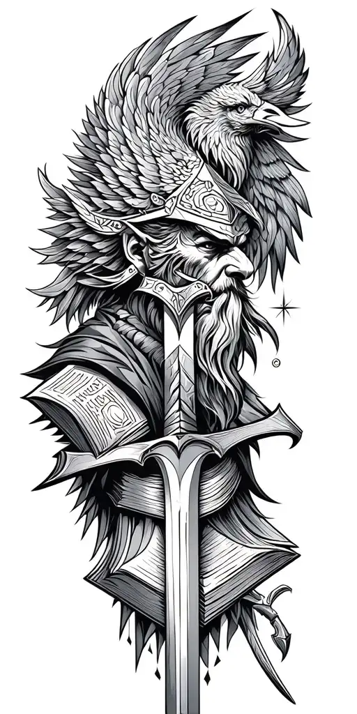 warrior, wizard, blacksmith faces with sword, hammer, book and a Phoenix  tattoo design idea