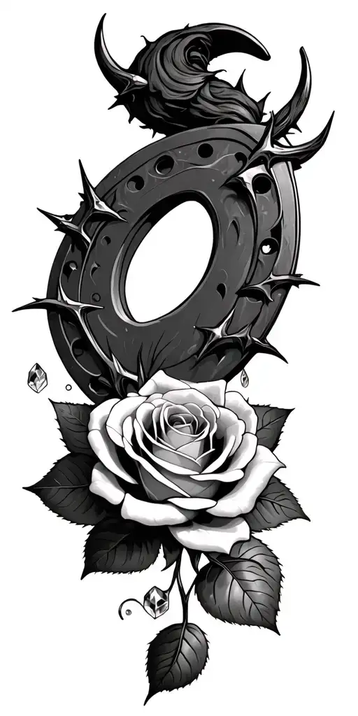 horseshoe, dark witch, crystal, rose, thorns  tattoo design idea