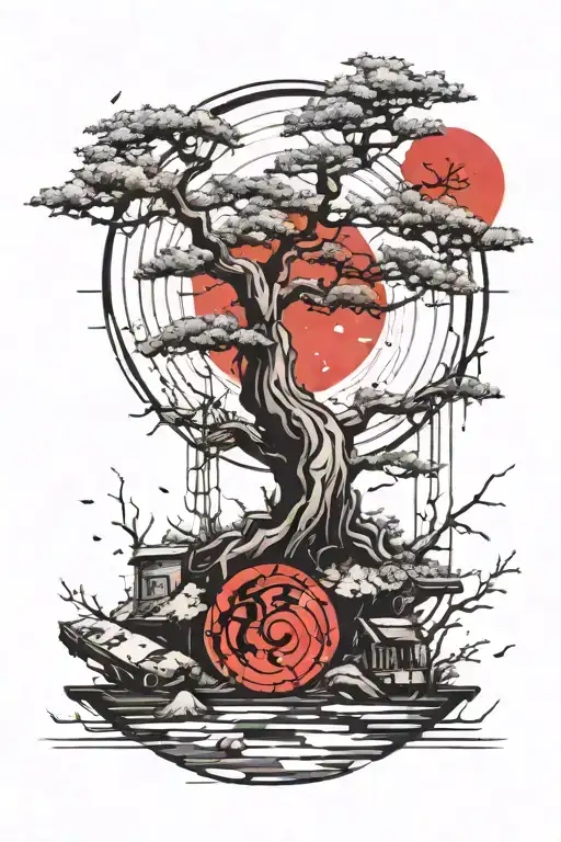 Realistic Bonsai, surrounded by a rough japanese paintbrush circle, sun and moon in the background tattoo design idea