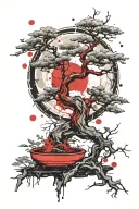 Realistic Bonsai, surrounded by a rough japanese paintbrush circle, sun and moon in the background tattoo design idea