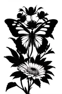 Cyber sigilism butterfly and in the middle aster flower tattoo design idea