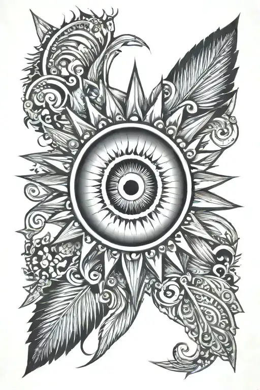 evil eye and sun rays beaming tattoo design idea