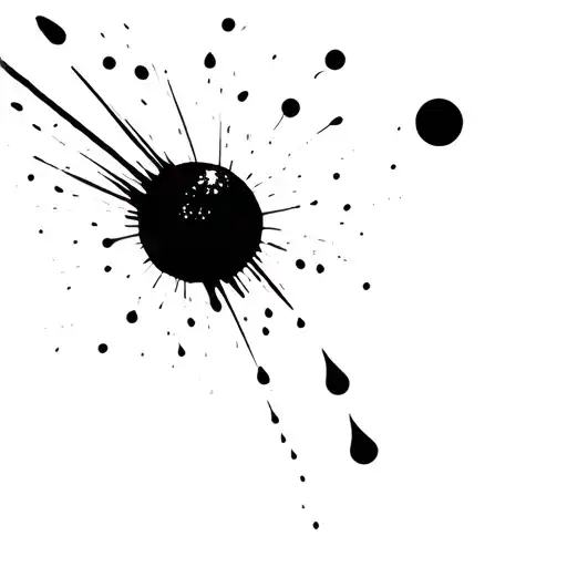 black brushstokes in the background, an ink blot asteroid shooting across space in the foreground. small drops as debris tattoo design idea