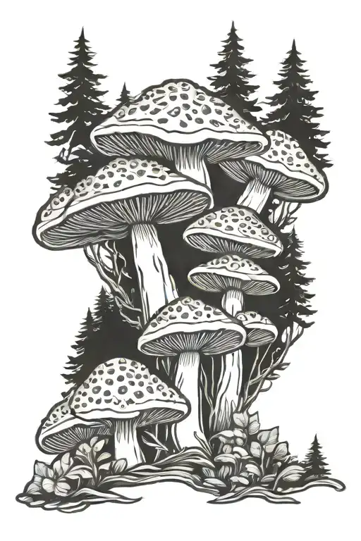 Mushrooms in a forest scene tattoo design idea