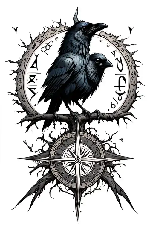 tree, Nordic, gothic, crow, Viking compass, runes tattoo design idea