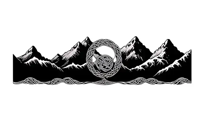 Celtic knot frame, mountains, crashing waves tattoo design idea