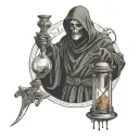 a grim reaper with sytche on the back and holding small hour glass with one hand tattoo design idea
