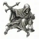 a grim reaper with sytche on the back and holding small hour glass with one hand tattoo design idea