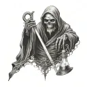 a grim reaper with sytche on the back and holding small hour glass with one hand tattoo design idea