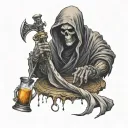 a grim reaper with sytche on the back and holding small hour glass with one hand tattoo design idea