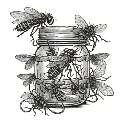 jar with flies in it. jar is surrounded by barbed wire  tattoo design idea
