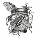 jar with flies in it. jar is surrounded by barbed wire  tattoo design idea
