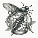 jar with flies in it. jar is surrounded by barbed wire  tattoo design idea