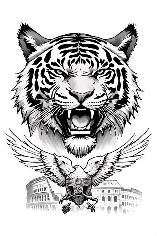 Angry tiger on top with small Roman eagle on bottom and Roman Colosseum background  tattoo design idea