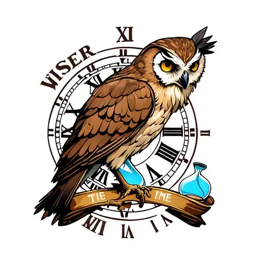 "Wiser Time" owl standing in front of a large clock face with Roman numerals, and an hourglass in front of the owl. tattoo design idea