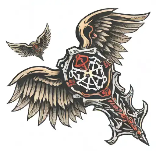 doomslayer symbol but with angelic wings looking badass around 4 inches to fit on neck side tattoo design idea