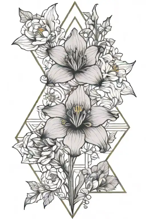 Voilet Iris Water lily  Larkspur  Gladiolus Poppy Morning glory Aster Holly Narcissus in a triangle tattoo design idea