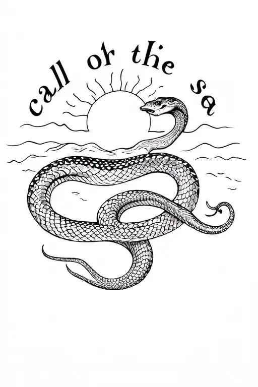 join or die snake with the words "call of the sea" with a sun and a wave  tattoo design idea