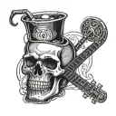 Whisky glass with a skull inside. With a broken guitar, poker chip, and cigarette  tattoo design idea