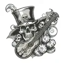 Whisky glass with a skull inside. With a broken guitar, poker chip, and cigarette  tattoo design idea