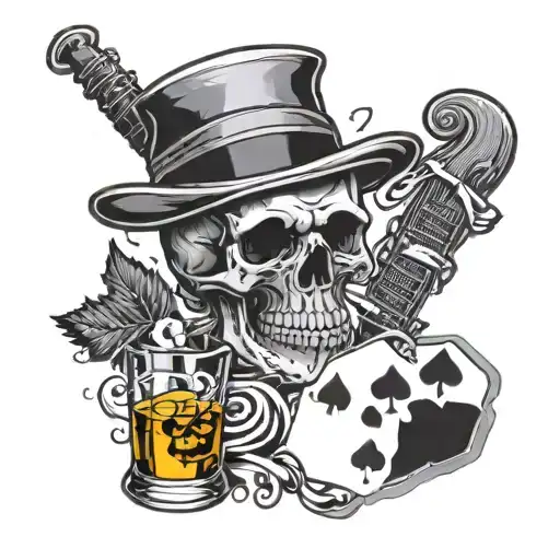 Whisky glass with a skull inside. With a broken guitar, poker chip, and cigarette  tattoo design idea