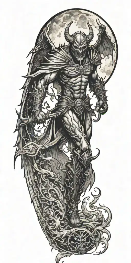demon knight cutting off his wings  during dark night with a full moon tattoo design idea