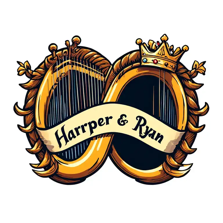 harp with crown with the names Harper and Ryan  tattoo design idea