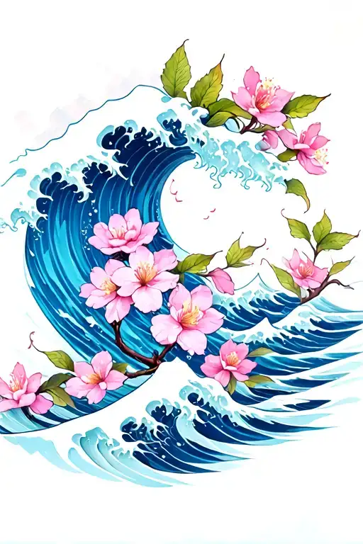 CHERRY BLOSSOM AND WAVE tattoo design idea