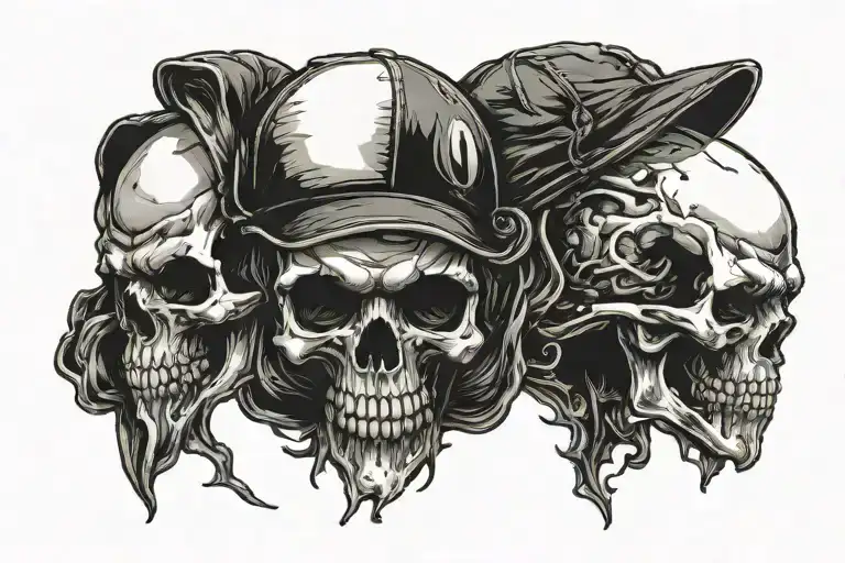 three skulls with a baseball hat tattoo design idea