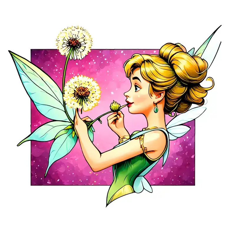 tinker bell blowing dandelion flower tattoo design idea