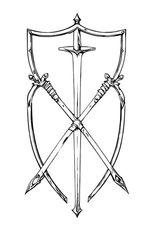 sword and shield in simple design suitable for upper back and feminine. avoid use of cross.  tattoo design idea