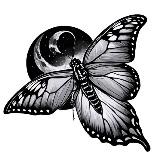 lunar moth infront of moon with semicolon butterfly tattoo design idea