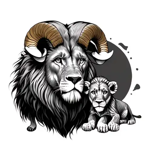 Ram and Lion and Lion cub surrounded tattoo design idea