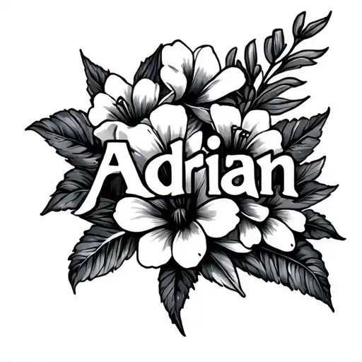 name Adrian and hawaian flowers growing tattoo design idea