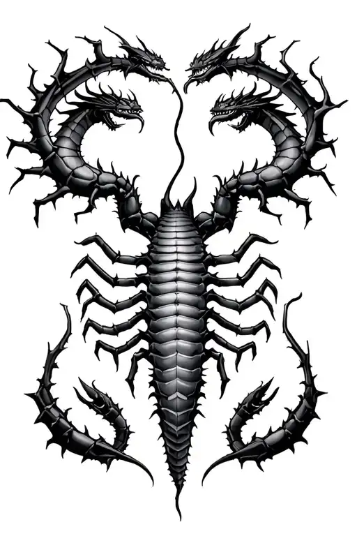 thorny dead vines. scorpions each side. dragons top middle tattoo design idea