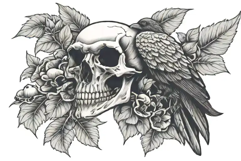 crow skull with mushrooms and leaves growing tattoo design idea