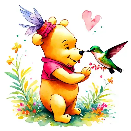 delicate Winnie the Pooh with a hummingbird feeding tattoo design idea