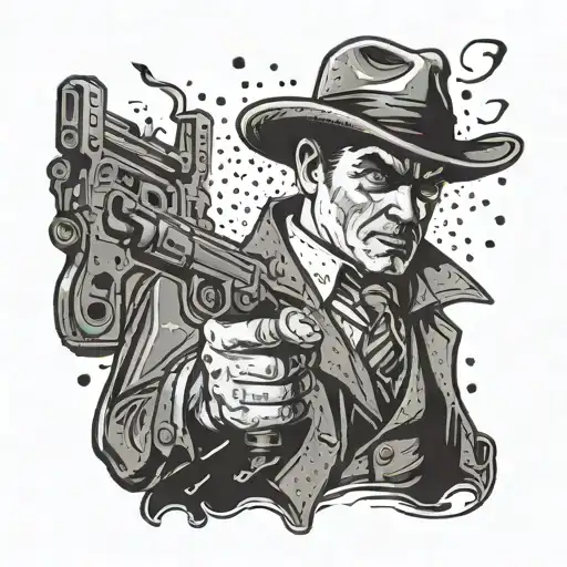 A vintage gangster holding a gun in one hand and a brick in the other, surrounded by tools of the trade tattoo design idea
