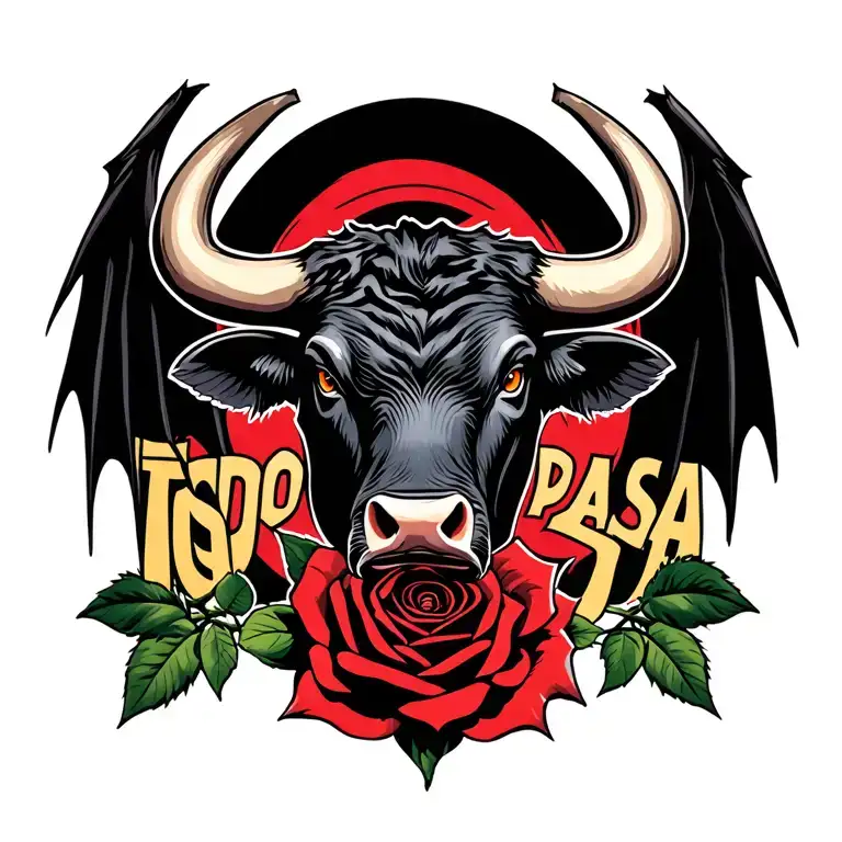 An aggressive bull's head, an intense gaze, bat wings, a rose in the background, and the phrase TODO PASA tattoo design idea